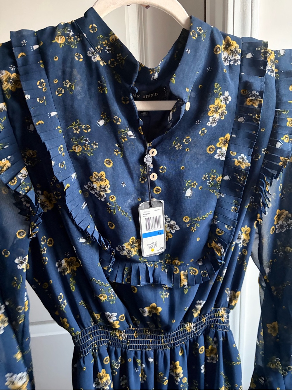 Women’s XL Max Studio Navy Floral Ruffle Dress with Yellow Accents NWT